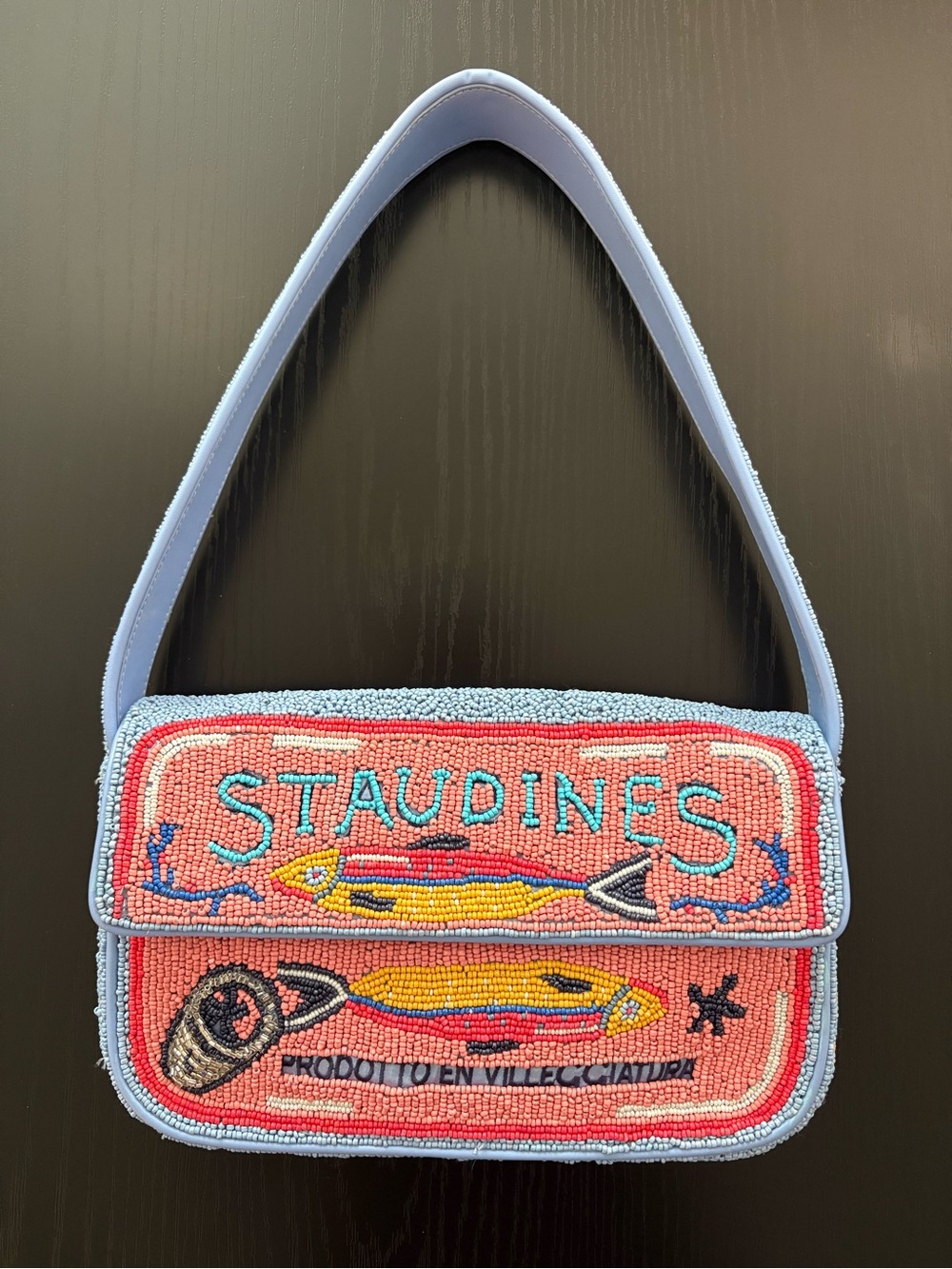 STAUD Tommy Beaded Bag, Staudines Sardine Print, Extra Beads Included, EUC